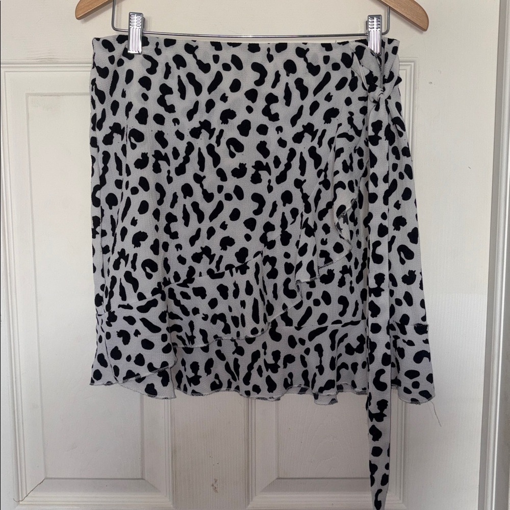 Animal Print Ruffle A-Line Pleated Wrap Skirt Black White Size L